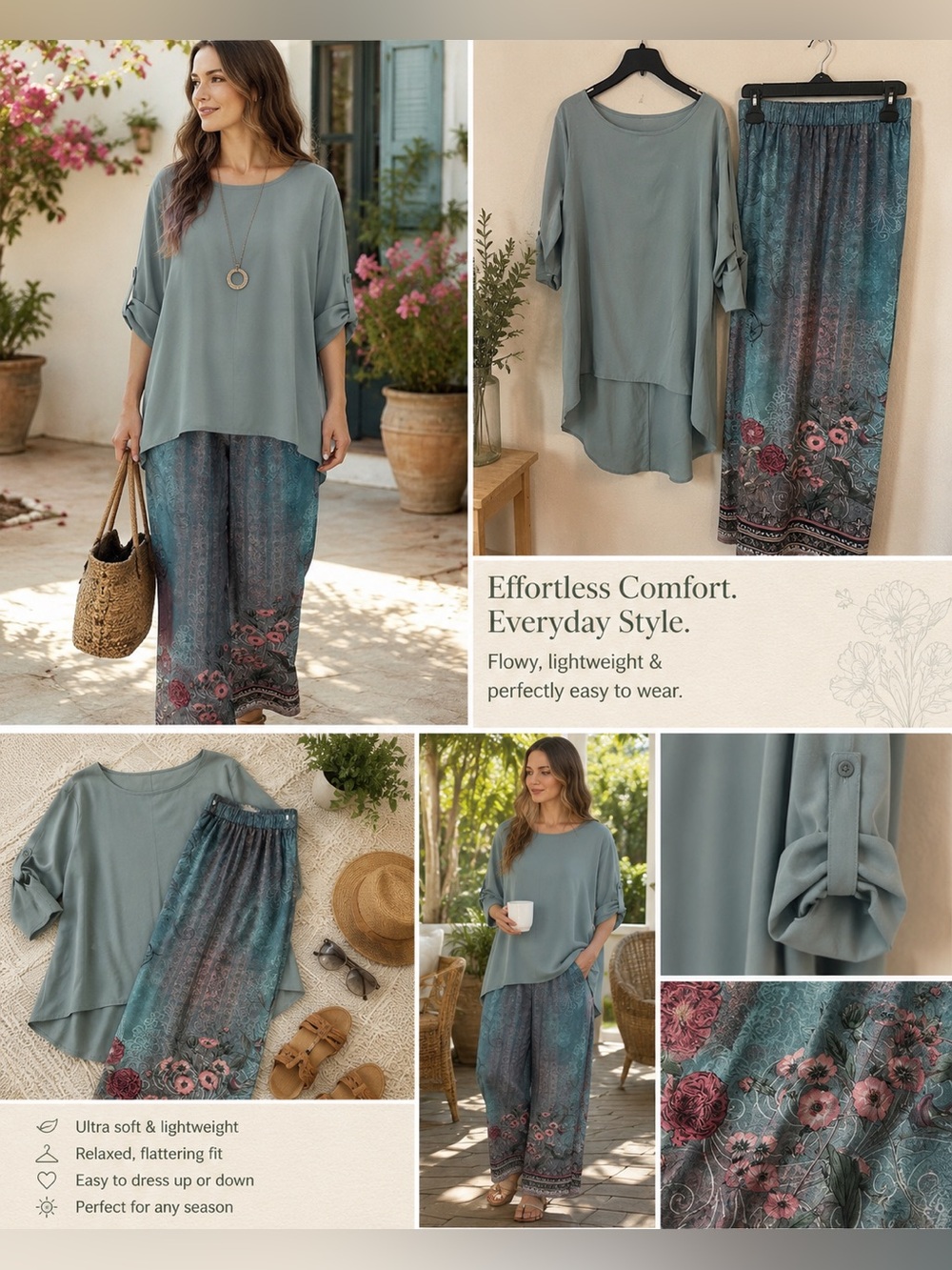 Every Rose Sage Blue Hi-Low Tunic & Floral Palazzo Pants Set Size L